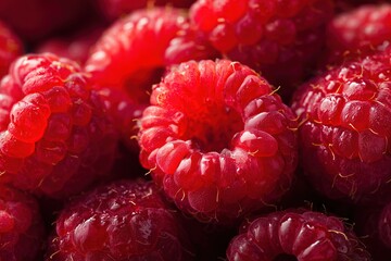Close-up of fresh, vibrant red raspberries with detailed texture and natural light reflections, perfect for food or nature enthusiasts 