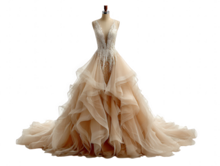 Elegant beige wedding gown isolated on transparent background