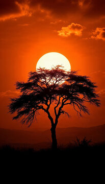 Silhouette of tree against large sun and orange sky with clouds in African landscape.