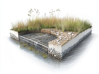 A technical diagram of salt marsh restoration technology showing tidal regulators, sediment deposition nets, zonal arrangement of plants, and protection from coastal erosion