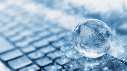 Close-up of a transparent glass globe resting on a modern keyboard with digital binary code and glowing light effects representing technology innovation and global connectivity