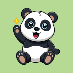 Adorable Cartoon Panda Waving with Sparkle on Green Background