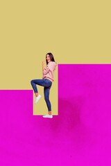 Vertical banner 3d art pop image collage of happy businesswoman businessman climb stand chart progress statistics goal progress