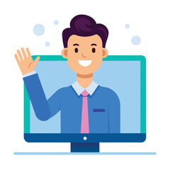 Friendly man in blue suit waving from computer screen during online communication