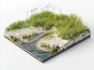 A technical diagram of salt marsh restoration technology showing tidal regulators, sediment deposition nets, zonal arrangement of plants, and protection from coastal erosion