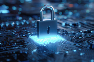 A metallic padlock stands on a glowing blue circuit board, symbolizing cybersecurity and digital protection.