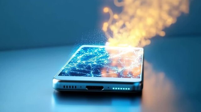 Smartphone with cracked screen emitting glowing sparks, smoke, fire, and intense energy, illustrating mobile device overheating, explosion, technology malfunction, and danger on reflective surface