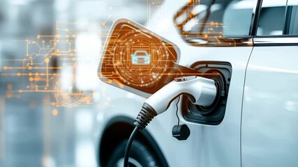 Electric car charging at station with futuristic digital interface overlay, clean energy technology, eco friendly vehicle plug, modern urban transportation innovation sustainability - Powered by Adobe