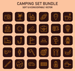 Illustrative compilation of outdoor camping equipment icons ideal for vacation trip planning representing adventure
