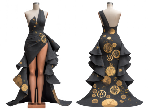 Elegant steampunk dress with golden gears isolated on transparent background