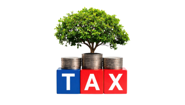 A small tree grows from stacks of coins on top of colored blocks spelling "TAX," symbolizing growth and finance. - Powered by Adobe