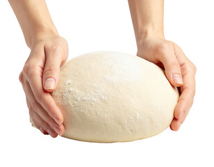 Two hands are gently holding a ball of raw dough dusted with flour.