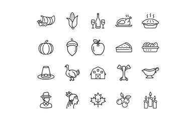 Thanksgiving Icon Set: Cornucopia Turkey Pie Pumpkin Maple Leaf Candles.