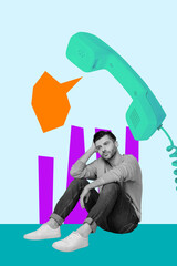 3d vertical poster artwork collage of happy manager girl guy stand telephone handset...