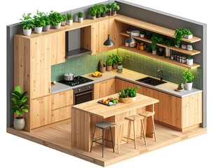  Eco-Friendly Kitchen with Indoor Plants and Natural Materials, isometric 3D render, transparent background