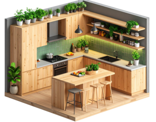 Eco-Friendly Kitchen with Indoor Plants and Natural Materials, isometric 3D render, transparent background