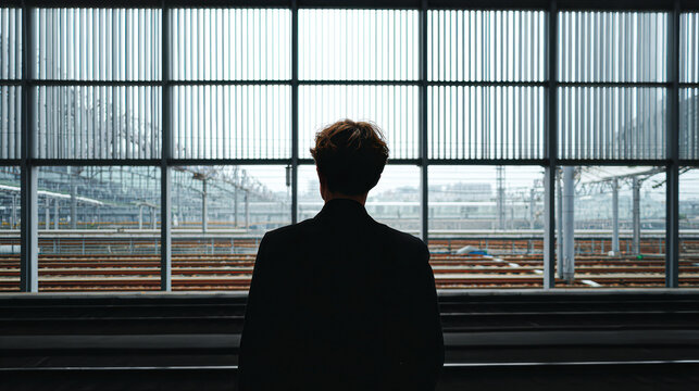 A person stands indoors, facing a large window overlooking railway tracks and an urban cityscape beyond.
