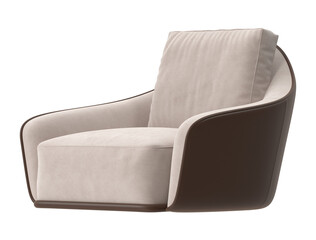 Three-quarter angle view of a modern two-tone armchair with beige fabric and brown leather exterior, isolated on a grey background.