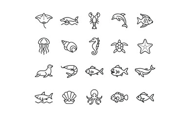 Collection of Minimalist Black Line Art Sea Creatures and Marine Life Icons.