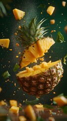 Sliced pineapple in mid-air, exploding in a vibrant display.