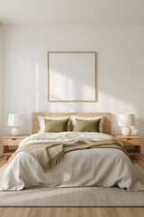 Serene Minimalist Bedroom:  Neutral Tones, Wooden Accents, and a Blank Canvas Mockup Above the Bed.