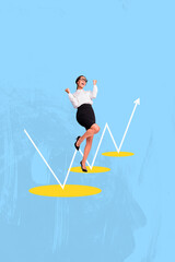 Collage of successful person near large rising arrow or stats symbolizing financial growth business...