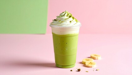 Aesthetic Iced Matcha Coffee Latte in Clear Cup with Pink-Green Milk Layers and Whipped Cream, Set Against a Pastel Pink Background with Soft Shadows and Minimal Styling