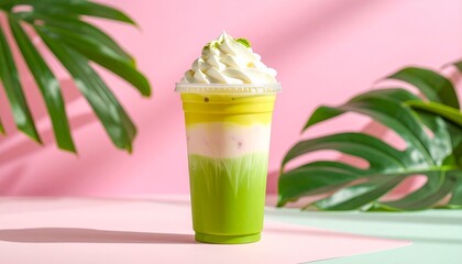 Aesthetic Iced Matcha Coffee Latte in Clear Cup with Pink-Green Milk Layers and Whipped Cream, Set Against a Pastel Pink Background with Soft Shadows and Minimal Styling