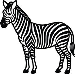 Here's a vectorized illustration of a wild zebra, isolated on a white background, showcasing its striking black and white stripes ,minimalist, clean, flat, ink