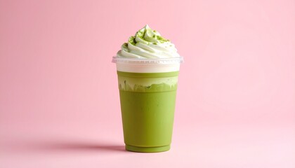 Aesthetic Iced Matcha Coffee Latte in Clear Cup with Pink-Green Milk Layers and Whipped Cream, Set Against a Pastel Pink Background with Soft Shadows and Minimal Styling