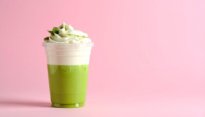 Aesthetic Iced Matcha Coffee Latte in Clear Cup with Pink-Green Milk Layers and Whipped Cream, Set Against a Pastel Pink Background with Soft Shadows and Minimal Styling