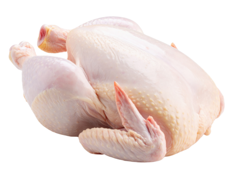 Raw whole chicken with skin intact, ready for cooking or preparation.