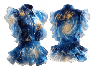 A blue galaxy dress with ruffles is isolated on transparent background