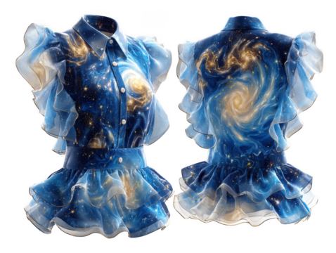 A blue galaxy dress with ruffles is isolated on transparent background
