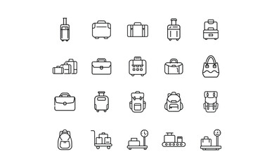 Collection of Various Luggage and Travel Bags Outlined in Black and White.