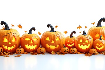 Carved orange Halloween pumpkins with glowing faces and black stems arranged on a white surface
