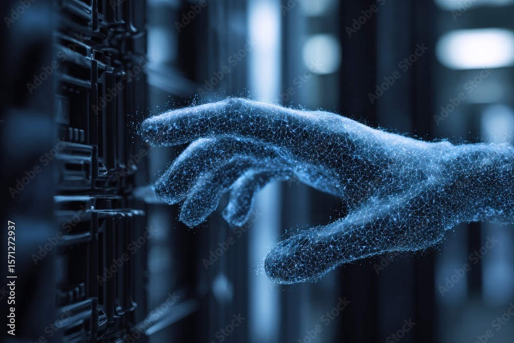 Poster Close-up of a digital hand made of glowing particles interacting with a server rack in a data center with blue ambient lighting and technological atmosphere