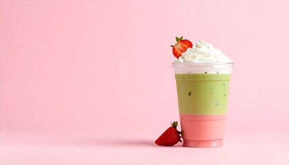 Aesthetic Iced Matcha Strawberry Latte in Clear Cup with Distinct Pink-Green Milk Layers and Whipped Cream, Set Against a Pastel Pink Background with Soft Shadows and Minimal Styling