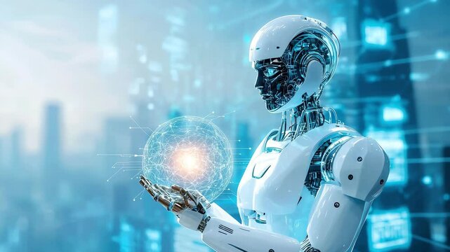 Futuristic humanoid robot with white and metallic body holding glowing digital sphere, advanced artificial intelligence technology, cybernetic innovation, digital automation, and modern city