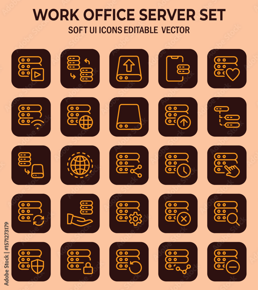 Poster collection of softly designed icons representing office network server infrastructure and data proce