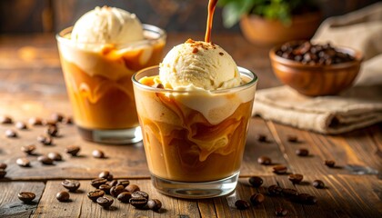 Photo-Realistic Close-Up of Creamy Ice Cream Coffee Dessert in Clear Glass Cup with Rich Espresso Over Vanilla Ice Cream, Swirls and Froth, Coffee Beans, and Warm Rustic Café Setting