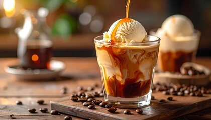 Photo-Realistic Close-Up of Creamy Ice Cream Coffee Dessert in Clear Glass Cup with Rich Espresso Over Vanilla Ice Cream, Swirls and Froth, Coffee Beans, and Warm Rustic Café Setting