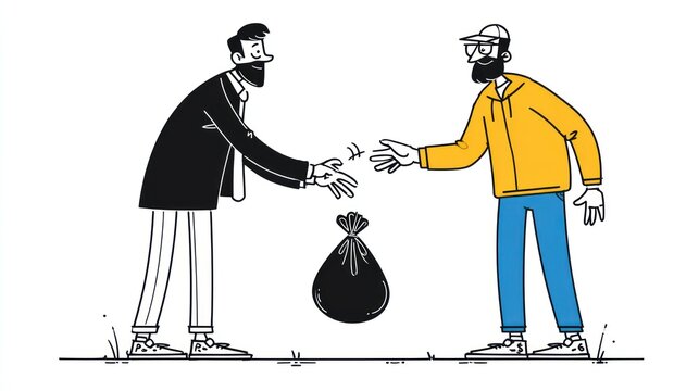 Two men exchanging a garbage bag