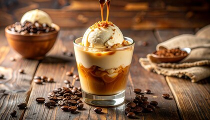 Photo-Realistic Close-Up of Creamy Ice Cream Coffee Dessert in Clear Glass Cup with Rich Espresso Over Vanilla Ice Cream, Swirls and Froth, Coffee Beans, and Warm Rustic Café Setting
