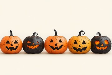 Five Halloween Pumpkins in Orange and Black with Carved Faces on a Cream Background