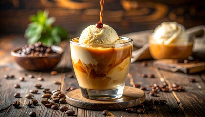 Photo-Realistic Close-Up of Creamy Ice Cream Coffee Dessert in Clear Glass Cup with Rich Espresso Over Vanilla Ice Cream, Swirls and Froth, Coffee Beans, and Warm Rustic Café Setting