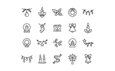 Collection of Minimalist Christmas Icons in Simple Black Outline Style.