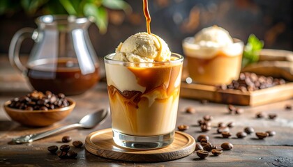 Photo-Realistic Close-Up of Creamy Ice Cream Coffee Dessert in Clear Glass Cup with Rich Espresso Over Vanilla Ice Cream, Swirls and Froth, Coffee Beans, and Warm Rustic Café Setting