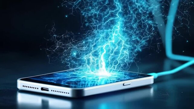 Electric blue lightning surges from charging cable into modern smartphone, symbolizing fast charging technology, electricity, energy, and futuristic innovation mobile devices, with glowing blue
