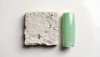 Minimalist Composition Beige Stone Block and Sleek Green Plastic Tube on White Surface with Natural Lighting and Contrasting Textures for Spa and Skincare Concepts